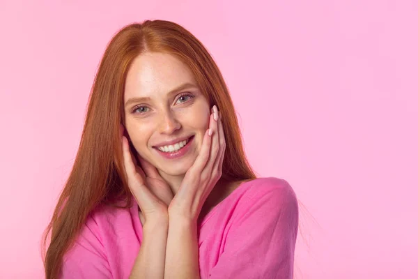 Beautiful Young Woman Red Hair Pink Background Hand Gesture — Stock Photo, Image