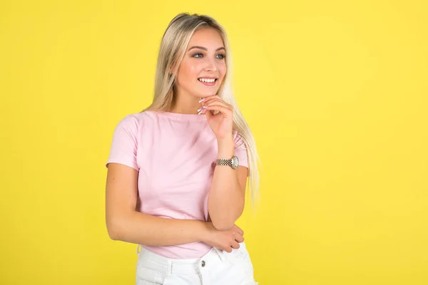 Beautiful Young Woman Pink Shirt Yellow Background — Stock Photo, Image