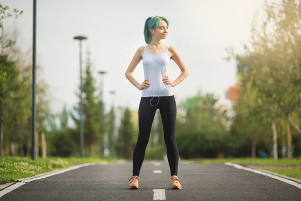 Beautiful Young Woman Slim Figure Jogging Summer Park — 스톡 사진