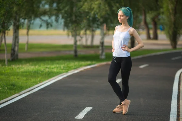 Beautiful Young Woman Slim Figure Jogging Summer Park — 스톡 사진