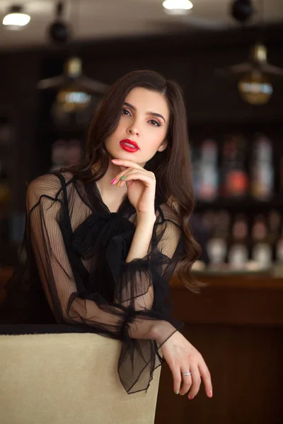 Portrait Beautiful Young Woman Black Dress Indoors — 스톡 사진