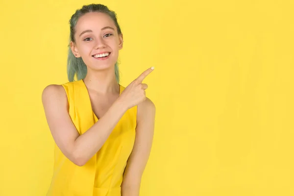 Beautiful Young Woman Yellow Dress Yellow Background — Stock Photo, Image
