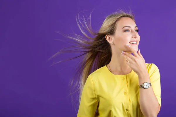 Beautiful Young Woman Yellow Dress Purple Background Her Hair — 스톡 사진