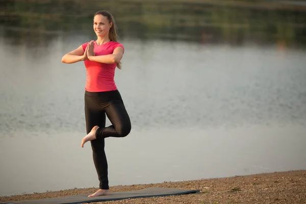 Mooie Jonge Vrouw Sportkleding Zomer Yoga Poseren Een Park Buurt — Stockfoto