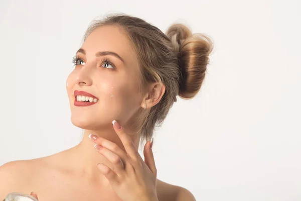 Beautiful Young Woman White Background Towel — Stock Photo, Image