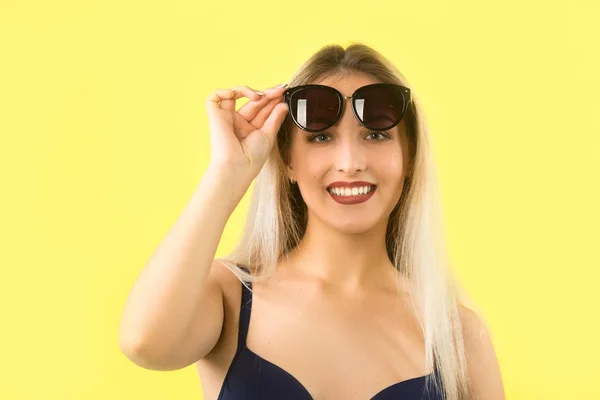 Beautiful Young Woman Swimsuit Yellow Background — Stock Photo, Image