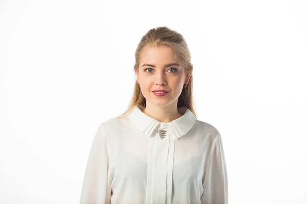 Bela Jovem Mulher Uma Camisa Fundo Branco — Fotografia de Stock