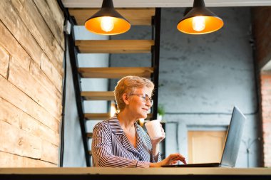  Yaşlanmış güzel, şık, yaşlı bir kadın dizüstü bilgisayarla masada oturuyor.