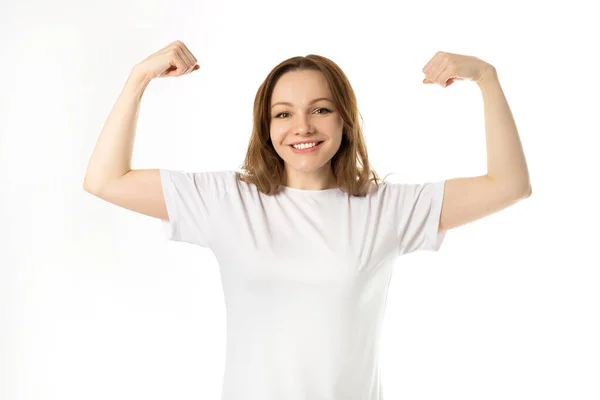 Vacker Ung Kvinna Vit Shirt Vit Bakgrund Med Händerna Upp — Stockfoto