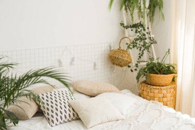 Güzel, parlak bir iç mekan. Asılı sandalye ve çiçek dekoru.