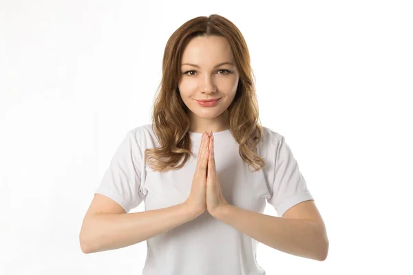 Vacker Ung Kvinna Vit Shirt Vit Bakgrund — Stockfoto