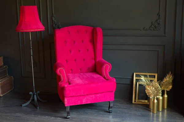 Poltrona Rosa Contemporânea Elegante Com Lâmpada Assoalho Rosa Interior Preto — Fotografia de Stock