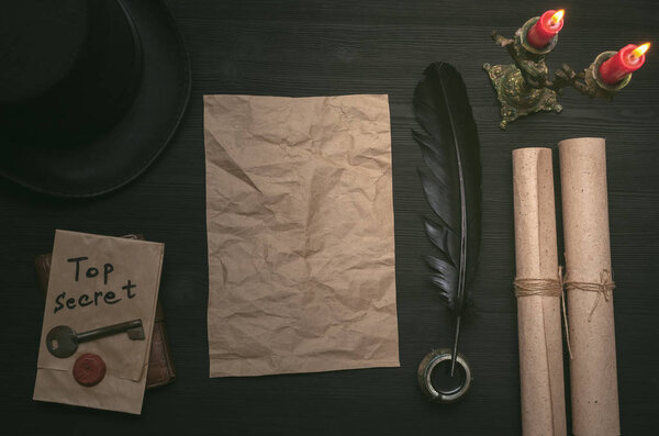 Top secret message document. Forbidden information. Detective agent desk table concept background. Secret agreement. The key to unraveling.