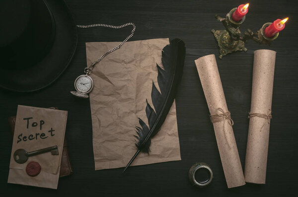 Top secret message document. Forbidden information. Detective agent desk table concept background. Secret agreement. The key to unraveling.