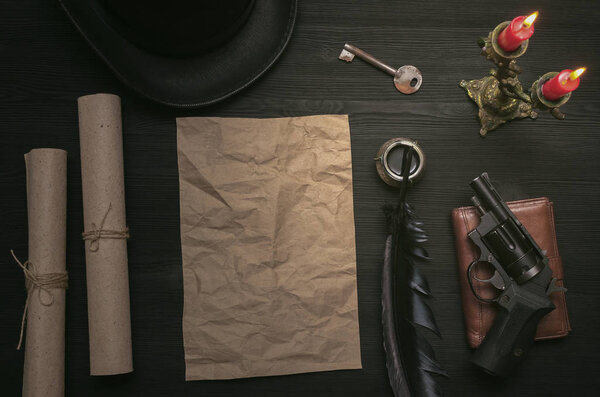 Envelope with top secret message. Key to unraveling. The clue. Detective desk table concept.