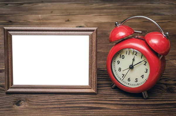 Photo Frame Copy Space Retro Style Red Alarm Clock Wooden — Stock Photo, Image