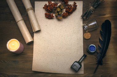 Kopya alanı ile antik sihirli kaydırma kağıt levha. Büyücülük. Cadı doktor Danışma tablo. Sihirli iksir. Alternatif Tıp kavramı.