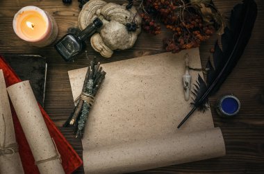 Kopya alanı ile antik sihirli kaydırma kağıt levha. Büyücülük. Cadı doktor Danışma tablo. Sihirli iksir. Alternatif Tıp kavramı.