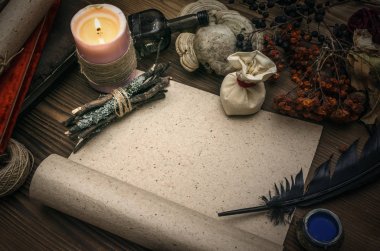 Kopya alanı ile antik sihirli kaydırma kağıt levha. Büyücülük. Cadı doktor Danışma tablo. Sihirli iksir. Alternatif Tıp kavramı.