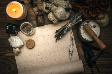Kopya alanı ile antik sihirli kaydırma kağıt levha. Büyücülük. Cadı doktor Danışma tablo. Sihirli iksir. Alternatif Tıp kavramı.