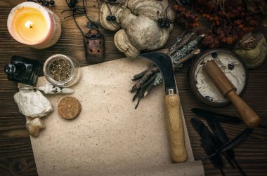Kopya alanı ile antik sihirli kaydırma kağıt levha. Büyücülük. Cadı doktor Danışma tablo. Sihirli iksir. Alternatif Tıp kavramı.