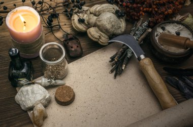Kopya alanı ile antik sihirli kaydırma kağıt levha. Büyücülük. Cadı doktor Danışma tablo. Sihirli iksir. Alternatif Tıp kavramı.