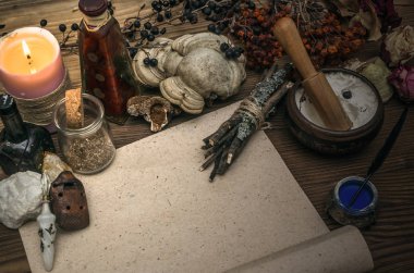Kopya alanı ile antik sihirli kaydırma kağıt levha. Büyücülük. Cadı doktor Danışma tablo. Sihirli iksir. Alternatif Tıp kavramı.