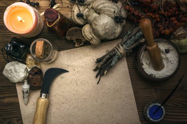 Kopya alanı ile antik sihirli kaydırma kağıt levha. Büyücülük. Cadı doktor Danışma tablo. Sihirli iksir. Alternatif Tıp kavramı.