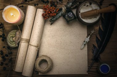 Kopya alanı ile antik sihirli kaydırma kağıt levha. Büyücülük. Cadı doktor Danışma tablo. Sihirli iksir. Alternatif Tıp kavramı.