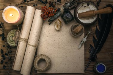 Kopya alanı ile antik sihirli kaydırma kağıt levha. Büyücülük. Cadı doktor Danışma tablo. Sihirli iksir. Alternatif Tıp kavramı.