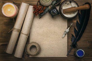 Kopya alanı ile antik sihirli kaydırma kağıt levha. Büyücülük. Cadı doktor Danışma tablo. Sihirli iksir. Alternatif Tıp kavramı.