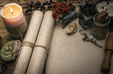 Kopya alanı ile antik sihirli kaydırma kağıt levha. Büyücülük. Cadı doktor Danışma tablo. Sihirli iksir. Alternatif Tıp kavramı.