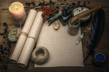 Kopya alanı ile antik sihirli kaydırma kağıt levha. Büyücülük. Cadı doktor Danışma tablo. Sihirli iksir. Alternatif Tıp kavramı.