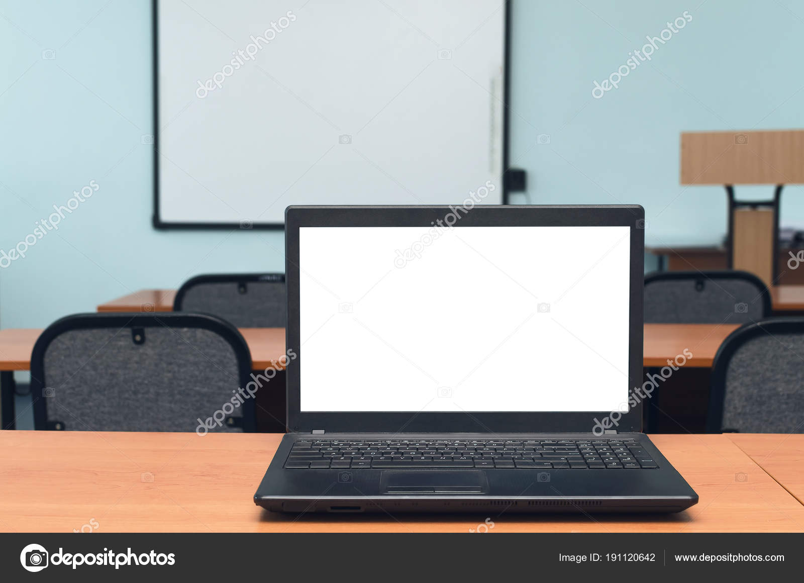 Laptop Computer Blank White Screen School Desk Table Classroom