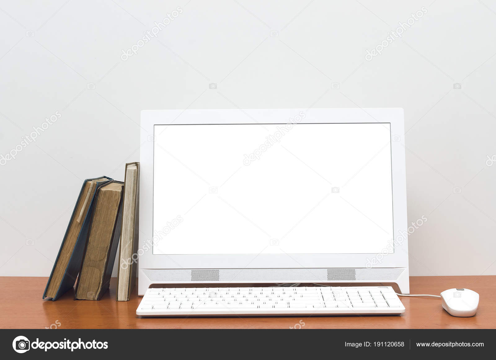 Desktop Computer Blank White Screen Books School Desk Table