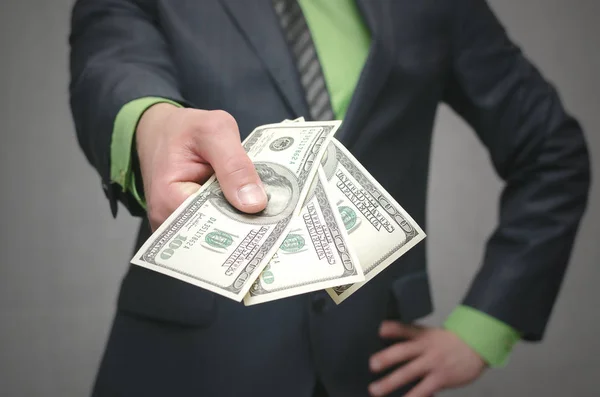 Zakenman Die Zijn Bedrijf Handen Dollar Geld Geld Geven Financiële — Stockfoto