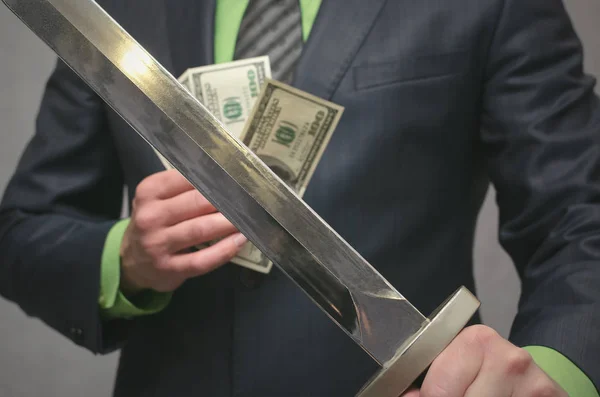 Hombre Negocios Tiene Mano Arma Espada Juguete Agente Seguros Financieros —  Fotos de Stock