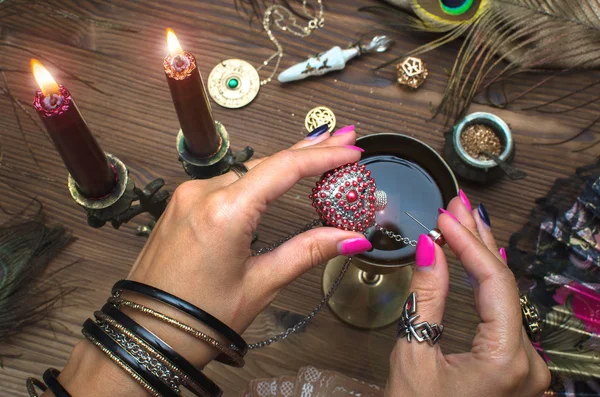 Fortune Teller Witch Prepares Magic Potion Love Charm — Stock Photo, Image