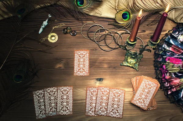 Tarot Cards Wooden Table Fortune Teller — Stock Photo, Image