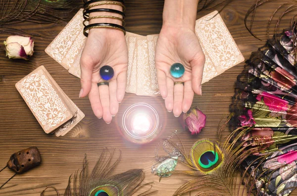 Fortune Teller Female Hands Tarot Cards Wooden Table Divination Concept — Stock Photo, Image