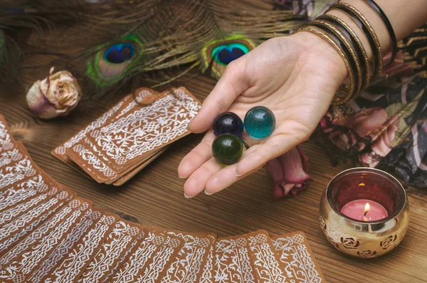 Fortune Teller Female Hands Tarot Cards Wooden Table Divination Concept — Stock Photo, Image