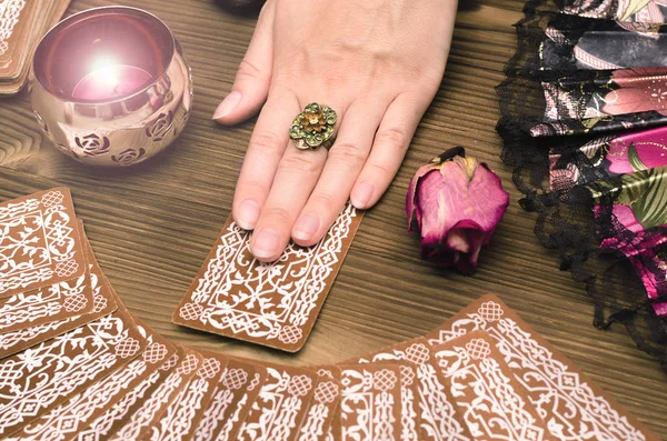 Fortune Teller Female Hands Tarot Cards Wooden Table Divination Concept — Stock Photo, Image