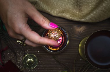 Zodyak tılsım mum yanan ışıkları kadın elinde. Burç tekerlek. Astroloji.