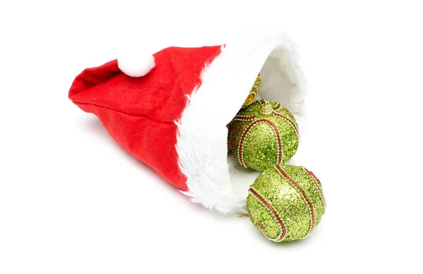 Christmas Hat Scattered Christmas Balls Isolated White — Stock Photo, Image