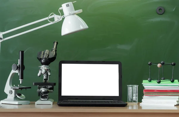Lärare Eller Student Skrivbord Bord Utbildningsbakgrund Utbildning Konceptet Laptop Med — Stockfoto