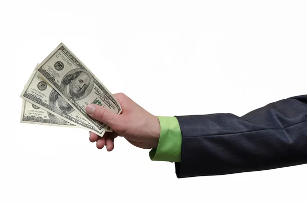 Empresário Mão Está Esticando Dinheiro Dólares Isolado Fundo Branco Ajuda — Fotografia de Stock