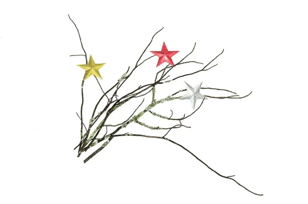 Száraz Fenyő Karácsony Játék Csillagok Elszigetelt Fehér Háttér Mohás Ága — Stock Fotó