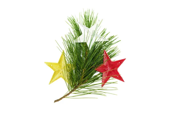 Fir Tree Branches Decorative Toy Stars Isolated White Background Christmas — Stock Photo, Image