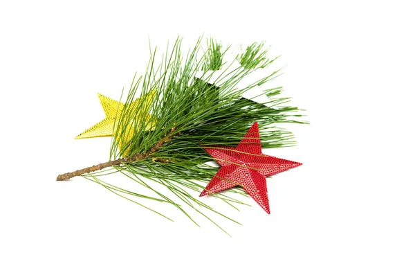 Fir Tree Branches Decorative Toy Stars Isolated White Background Christmas — Stock Photo, Image