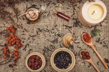 Bitkisel Tıp kavramı. Alternatif Tıp. Şifalı vahşi rowan berry ve elma ağacı berry otlar ve uçucu yağ kopya alanı çuval bezi çul zemin üzerine kuru.